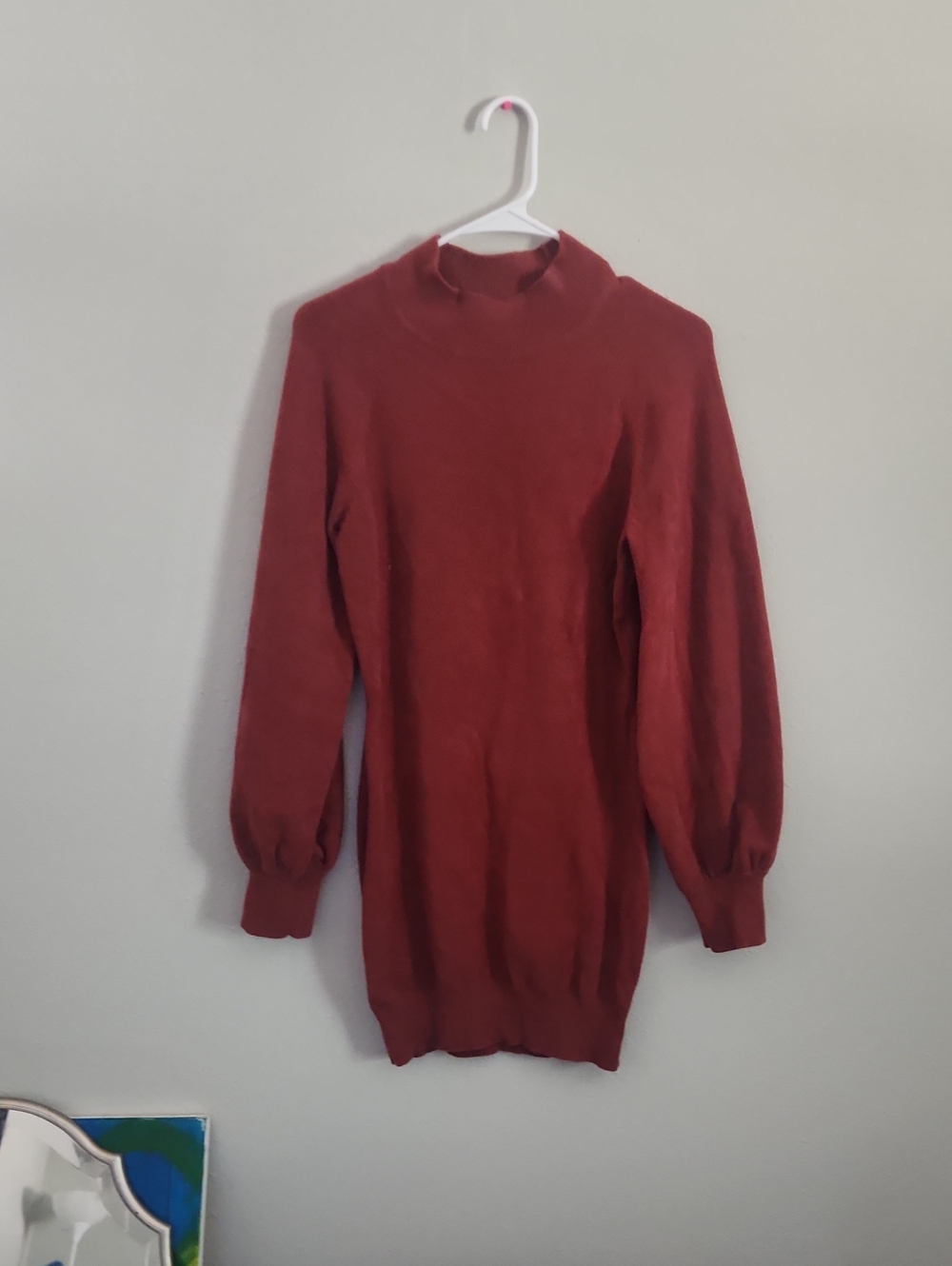 Long-Sleeve Rust Knit Sweater Dress with Balloon Sleeves